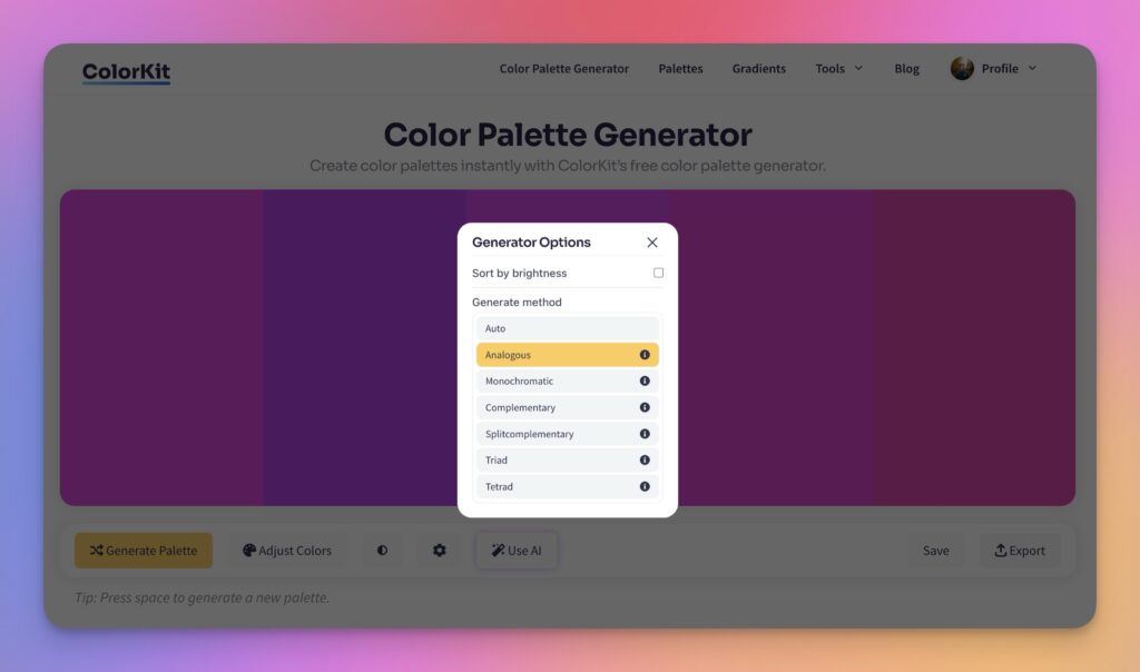 ColorKit color palette generator producing an analogous color scheme from a chosen base color