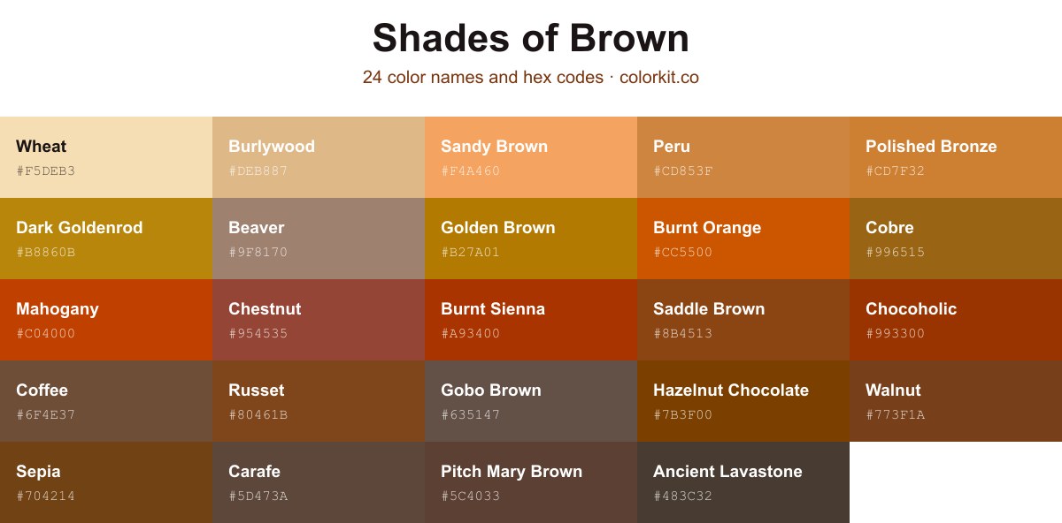 Shades of brown color chart with color names and hex codes