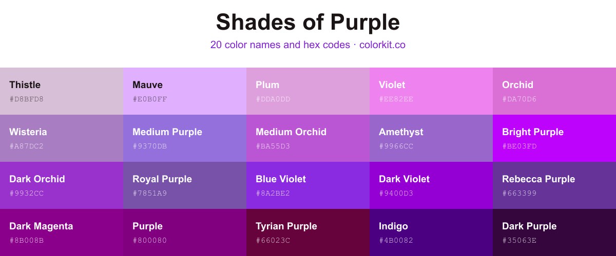 Shades of purple color chart with color names and hex codes